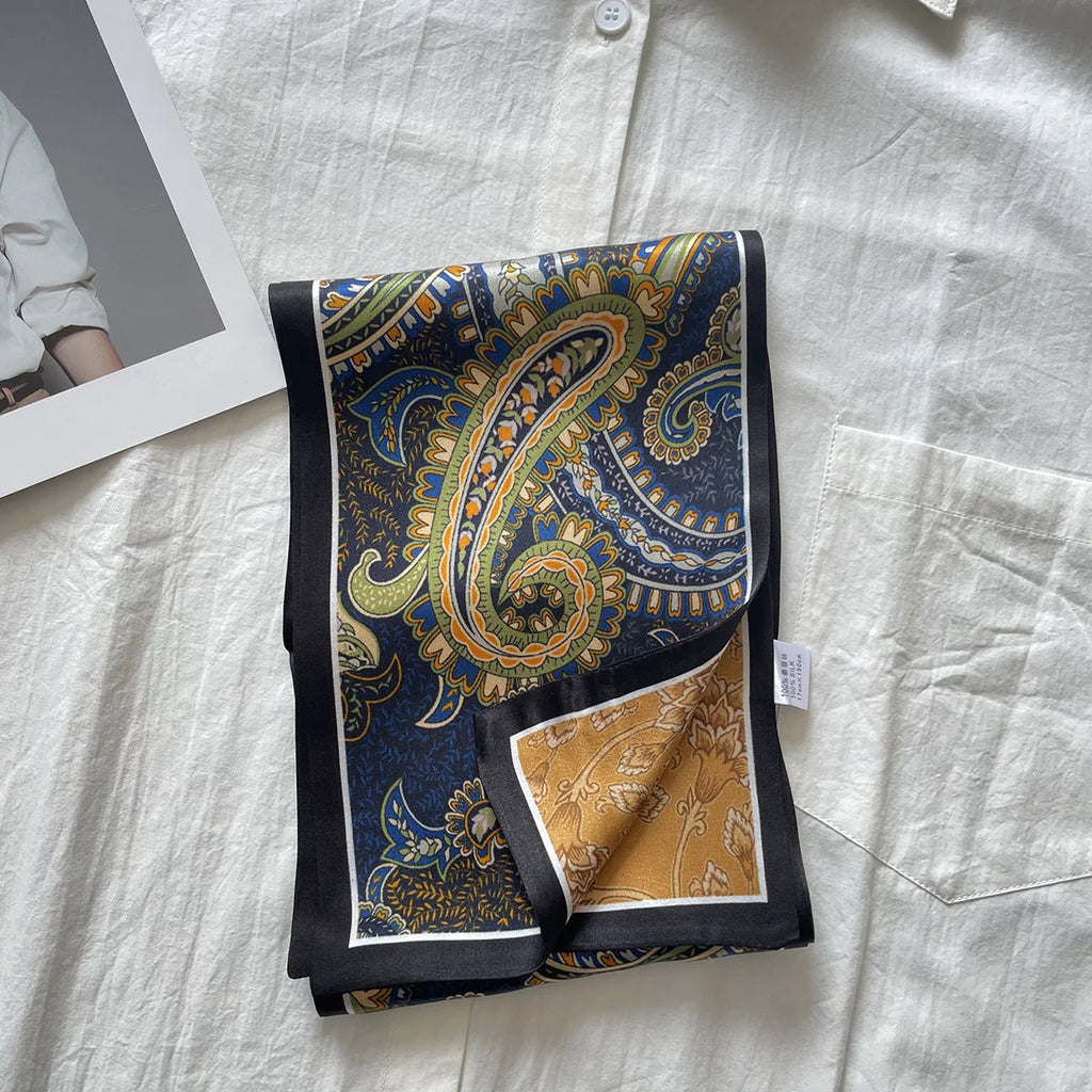 Custom Printing Paisley Twill 100% Pure Silk Edge Narrow Scarves Designer Double Layers Luxury Silk Satin Scarves