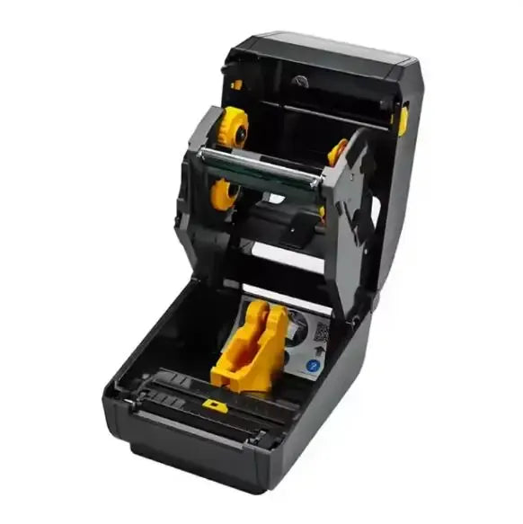 ZD421 iron-on label printer open with print head and label feed mechanism visible