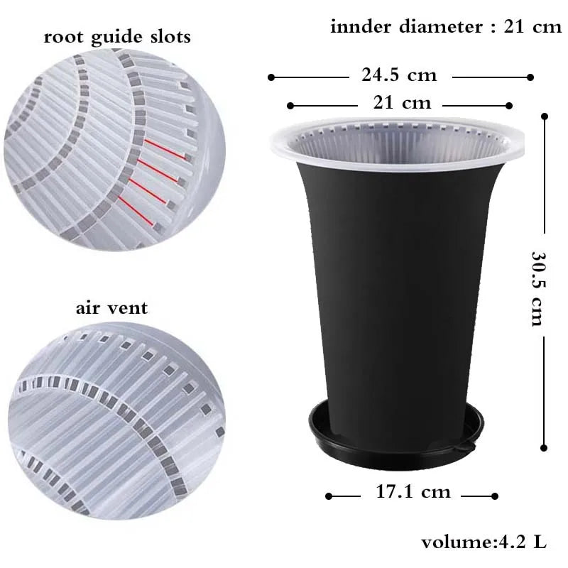 Black plastic orchid planter pot with air vents and root guide slots, 4.2L volume