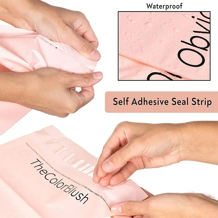 Pink self-adhesive waterproof seal strip on packaging bag, shown with hands