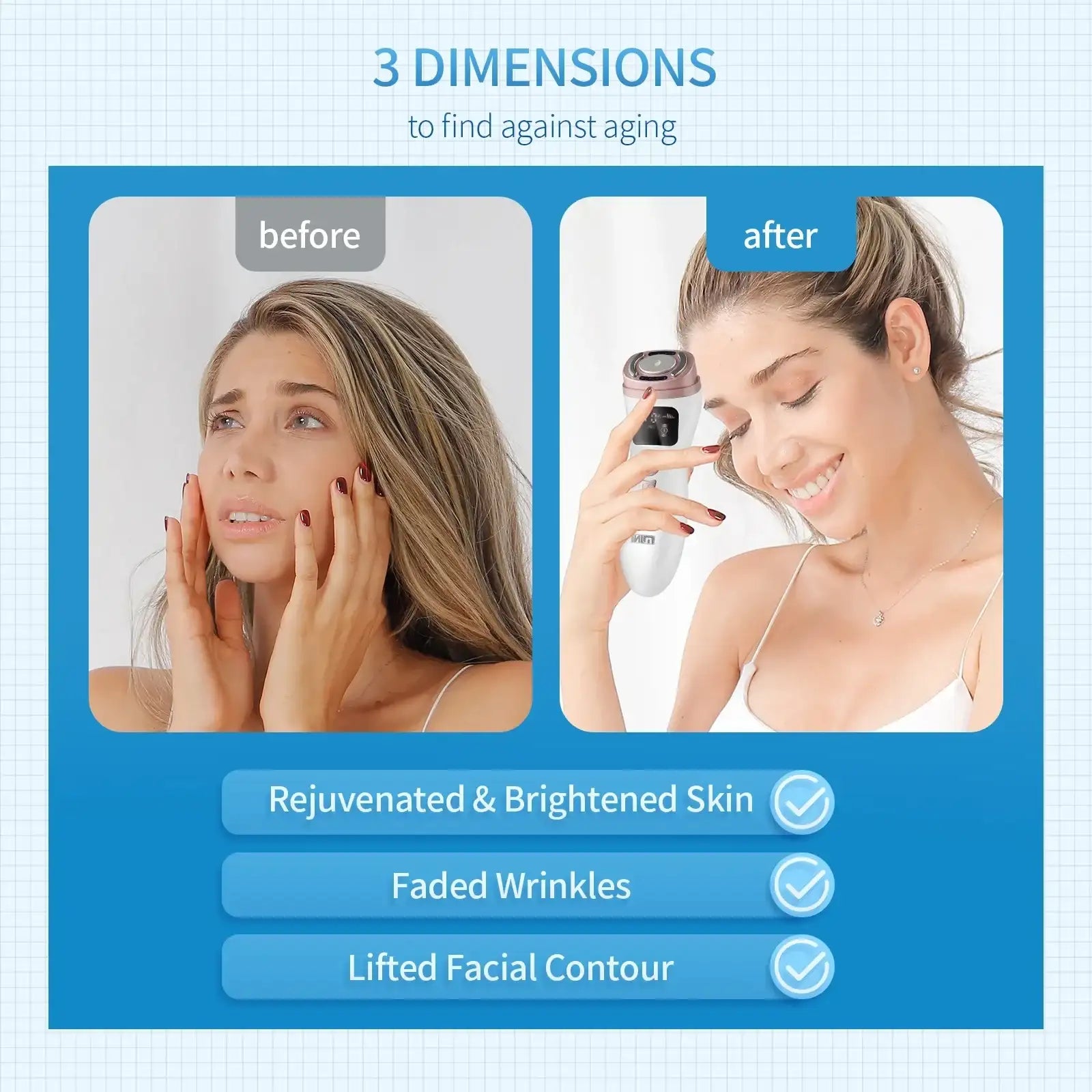 Before and after comparison of a woman using a handheld white and rose gold portable facial lifting device.