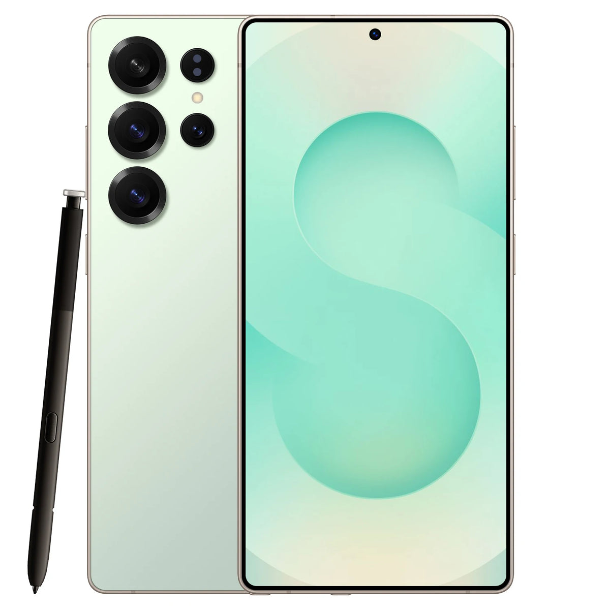 Green 5G smartphone with quad rear cameras and stylus; front display with mint oval wallpaper.