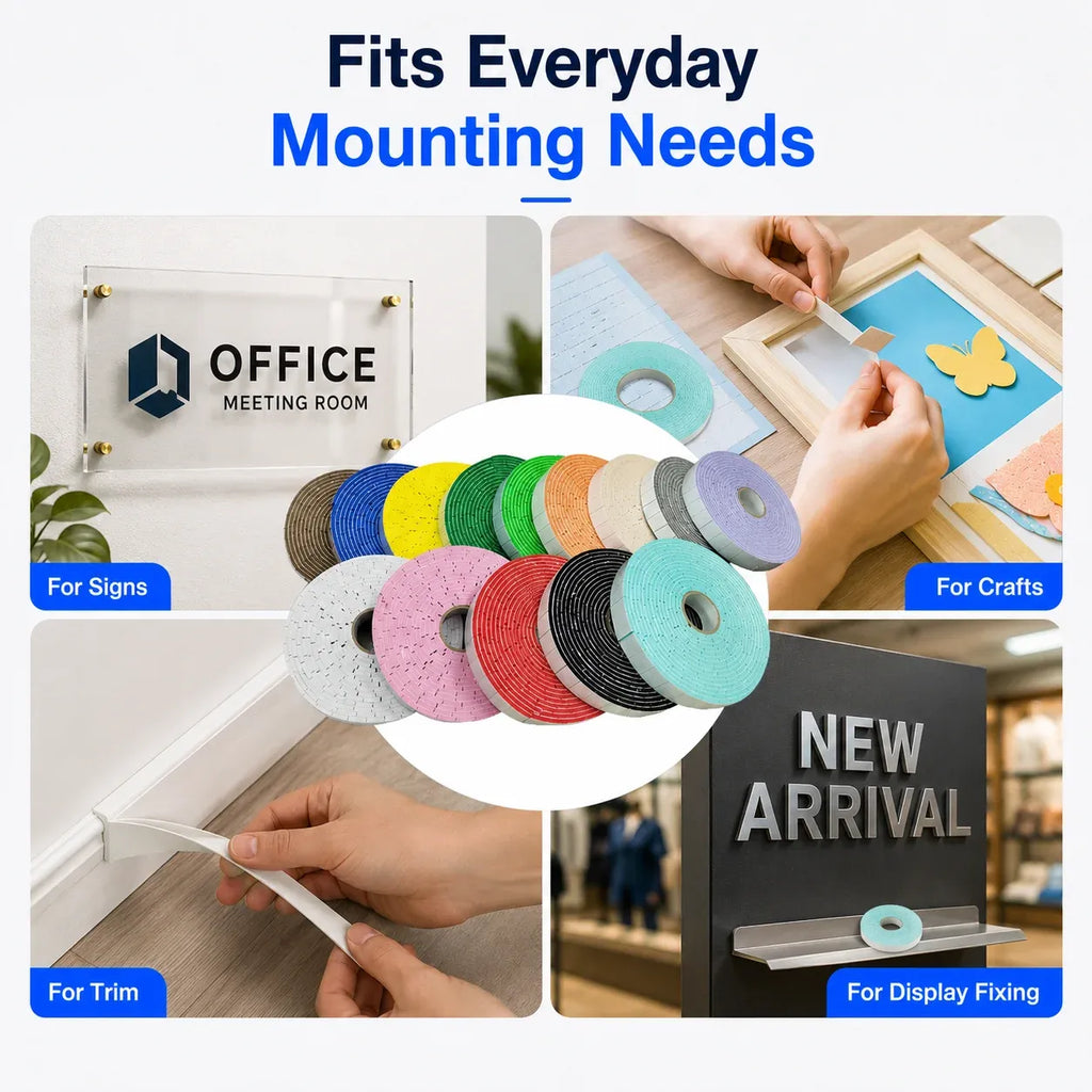 Double-sided EVA foam pre-cut tape shown for mounting signs, crafts, and display fixing