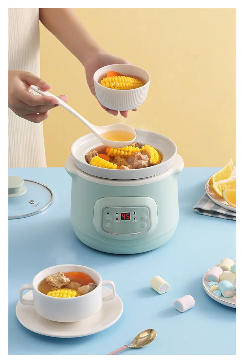 Hands serving food from the electric slow cooker onto bowls for baby meals