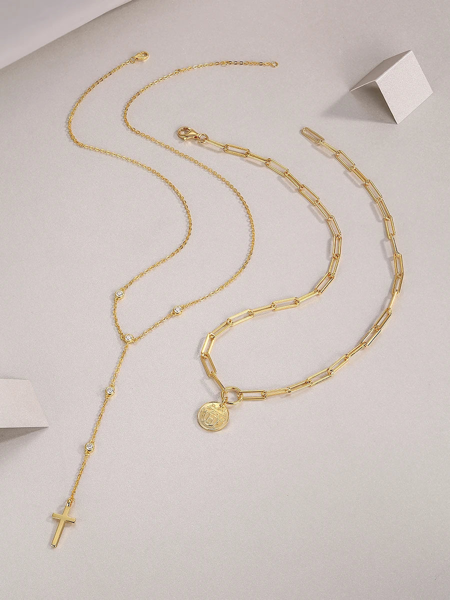 Factory Price Vintage Coin Cross Moissanite Layered Necklace, D Color VVS1 Bezel Set Design, Romantic Statement Necklaces