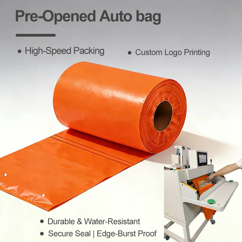 Industrial poly shipping roll bags with orange waterproof film on a dispensing roll