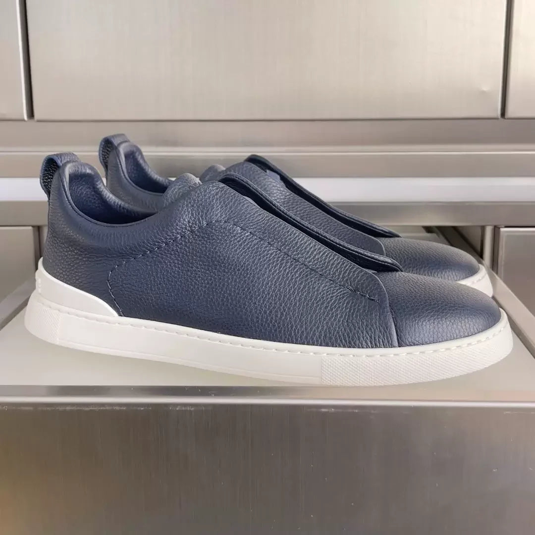 2026 Premium Men's Minimalist Sneakers Cream White Genuine Leather Slip-on Casual Shoes Luxury Grain Cowhide Loafers for Men
