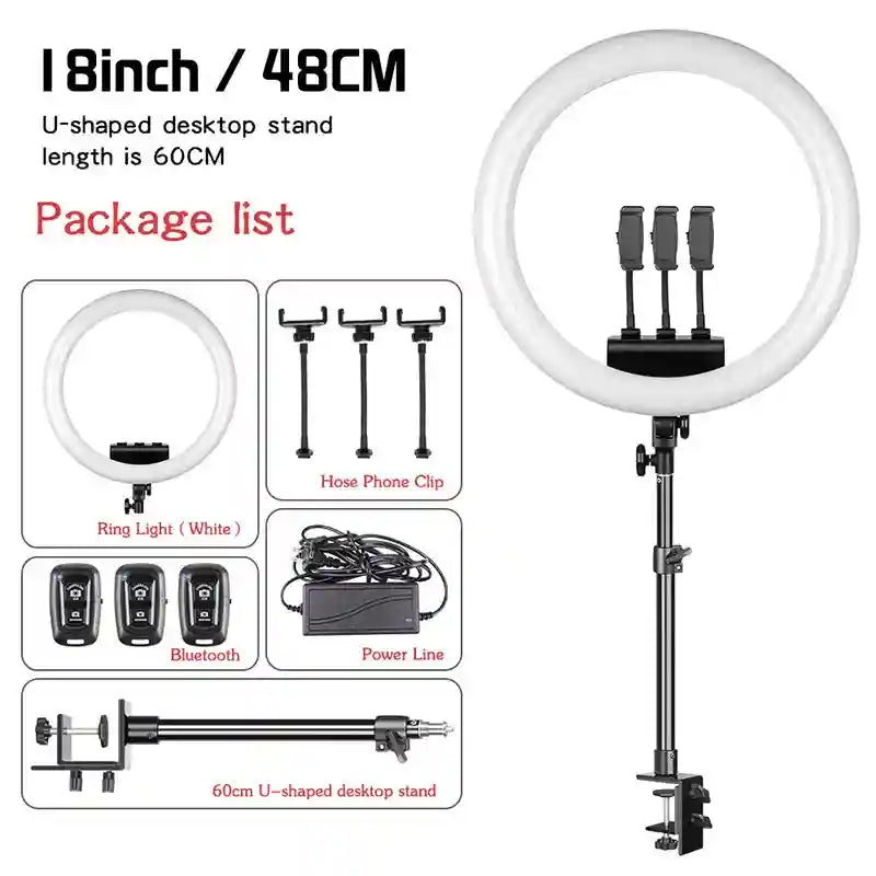 18-inch white LED ring light with three phone clips, power cable, Bluetooth remote, and 60cm desktop clamp stand.