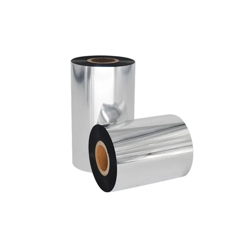 Black thermal transfer ribbon rolls on metallic backing, two spools