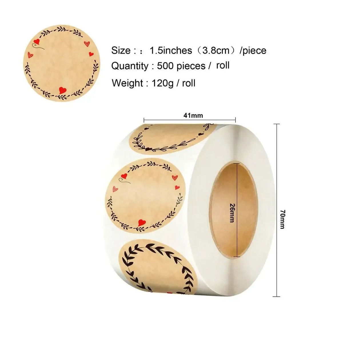 Kraft paper roll label stickers with round wreath and heart borders, self-adhesive