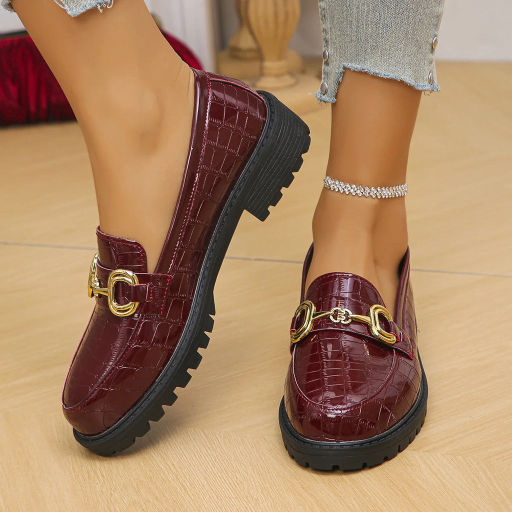 Women's Loafers Burgundy Patent Leather Platform Shoes Round Toe Metal Buckle Casual Fashionable Dress Shoes for Women Ladies