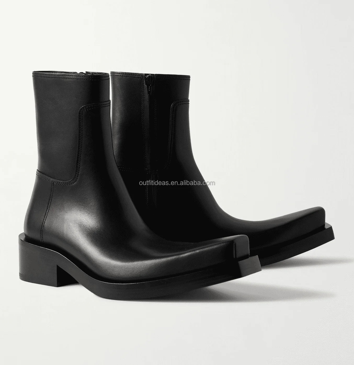 Extra Square Toe Calfskin Chelsea Boots Chunky Low Block Heel Shoes Black Santiago Over-the-knee Leather Biker Boots for Men