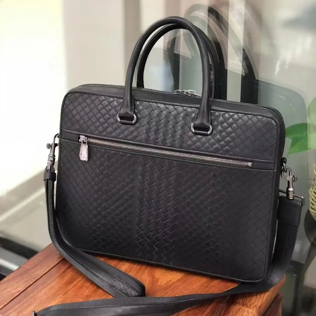 Luxury Embroidered Woven Leather Briefcase Men Imported Waxed Calfskin Slim Laptop Bag 13 Inch Business Office Handbag