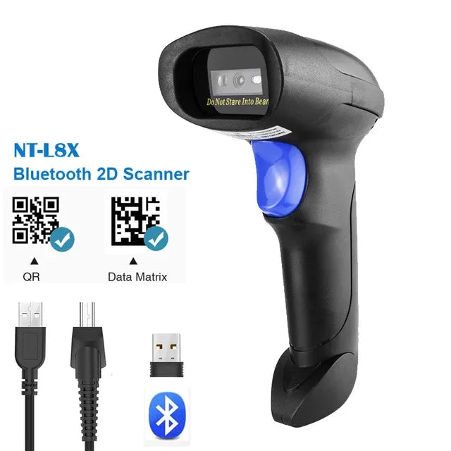 Black Bluetooth 2D barcode scanner with blue status light and charging cables