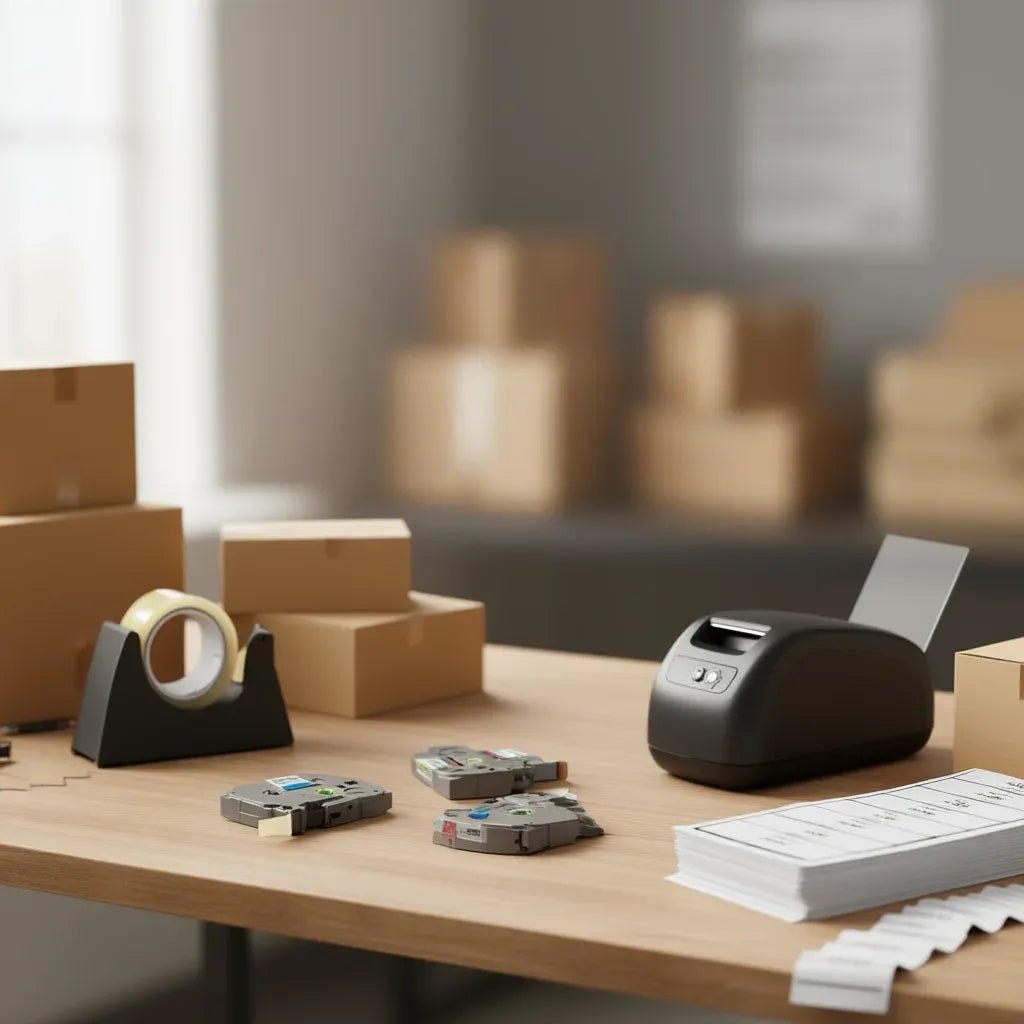Thermal label tape cartridges on desk with label printer and roll tape nearby