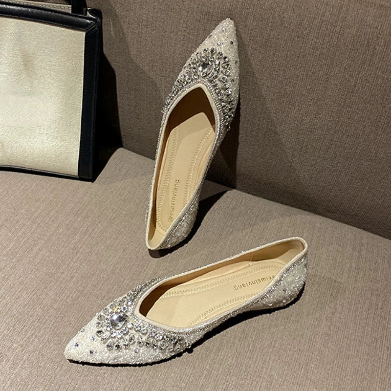 Luxury Diamond  Fashion  Loafers Women Pointed Toe Pumps Elegant Flat Dress Shoes for Ladies