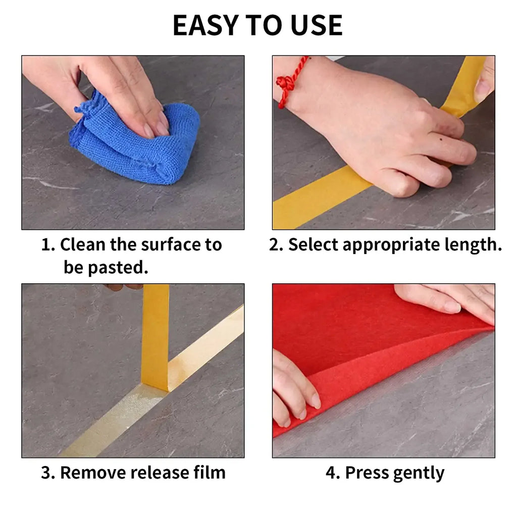 Double-sided fabric tape being pressed onto a surface with release liner removed