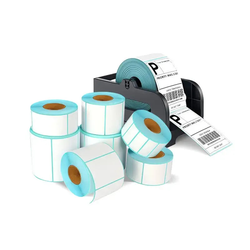 Thermal barcode label rolls with teal backing and white label sheets, assorted views