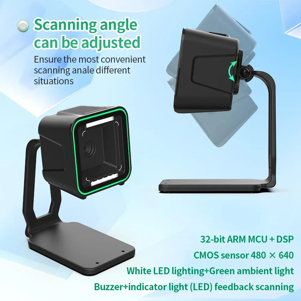 Desktop barcode scanner on adjustable base with indicator lighting