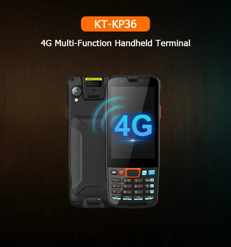 Black rugged Android PDA front and back with keypad and large 4G display