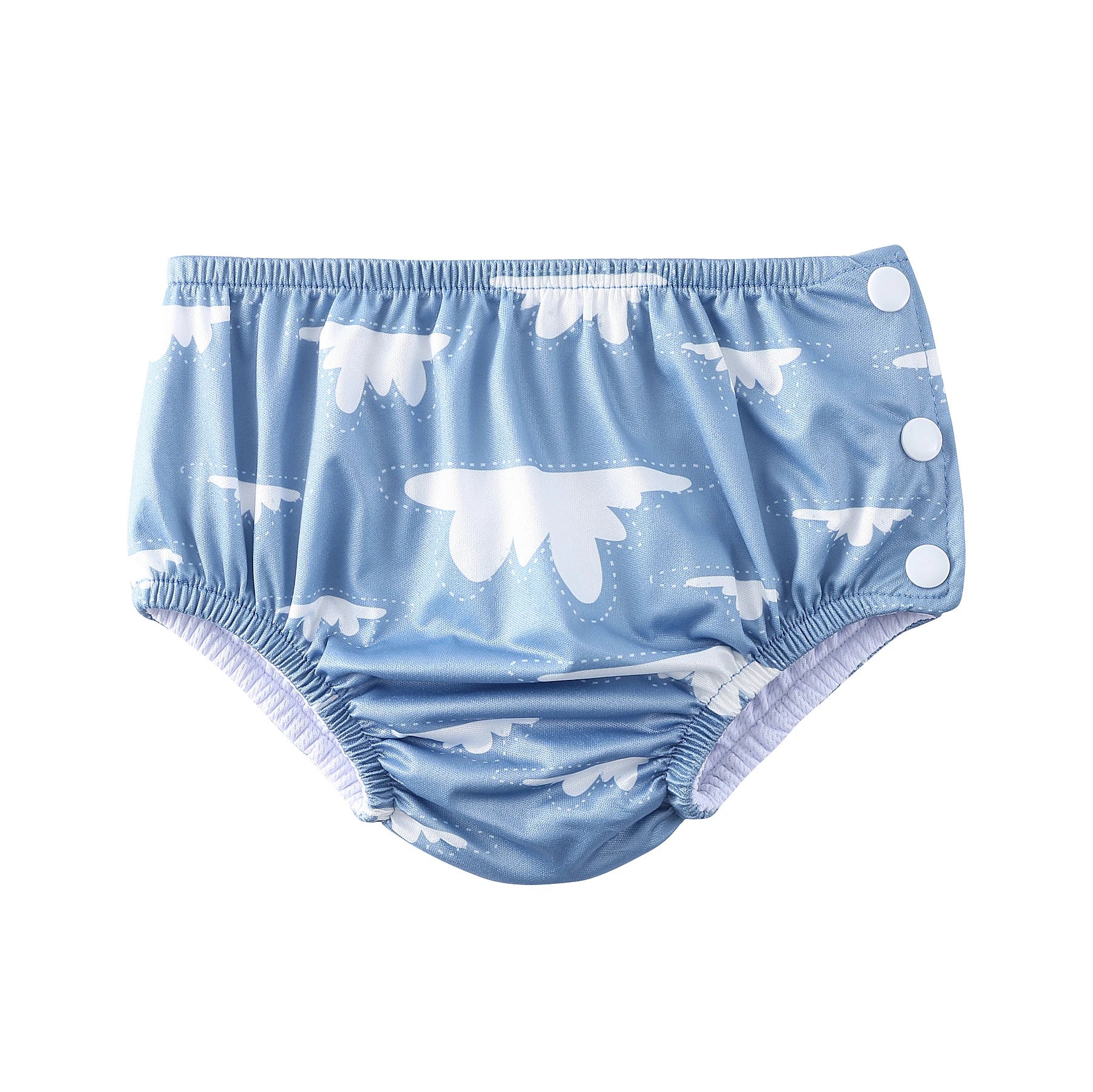 Blue baby swim diaper with white cloud print, featuring adjustable side snaps for a secure fit.