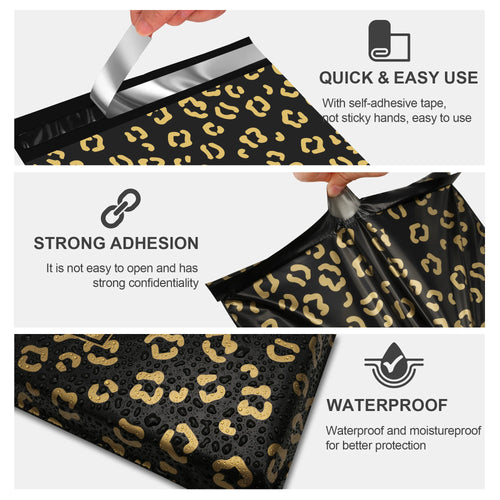 Black printed polyethylene mailing bag with gold pattern, open flap and self-adhesive strip