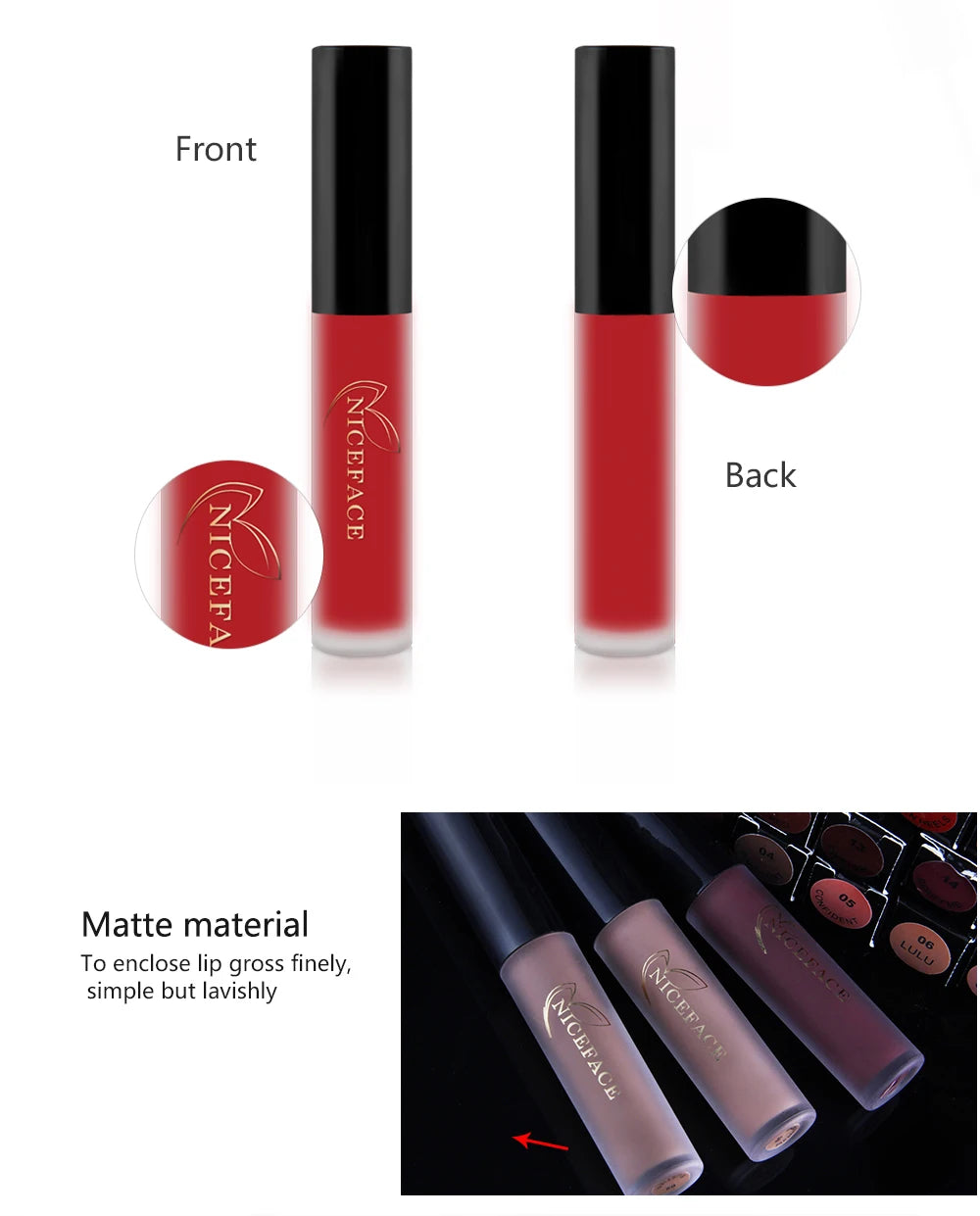 NICEFACE waterproof matte liquid lipstick in red, featuring a velvet finish and sleek, minimalist cosmetic tube design.