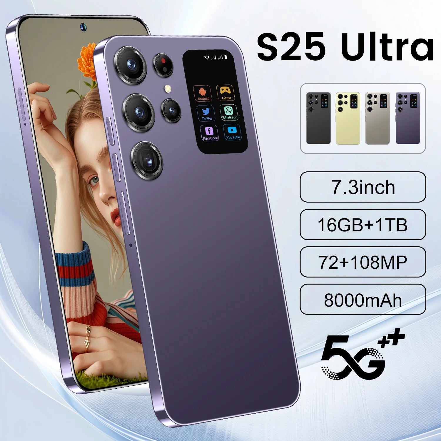 5G Smartphone 7.3 Inch 1TB Storage 16GB RAM Dual SIM Gray Purple 16g 1TB Tidesmit