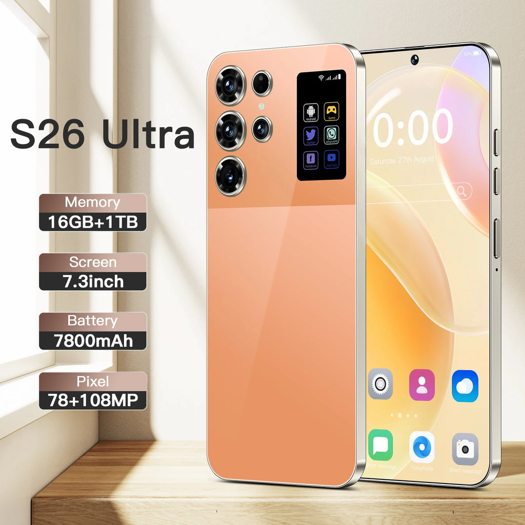 Hot Sales S26 Ultra Smart 5G Smartphone 16GB+1TB Cellphone  Android 14 7.3 Inch HD Screen Unlocked 4G+5G Connectivity Phone - Tidesmit