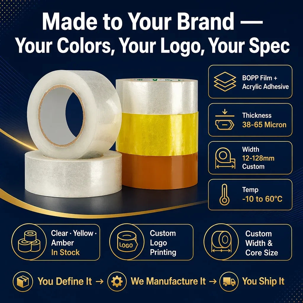 Packing tape rolls in white and yellow, self-adhesive for box sealing