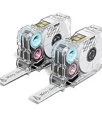 Thermal transfer ribbon cartridges with light-blue, black, and pink reels in silver case
