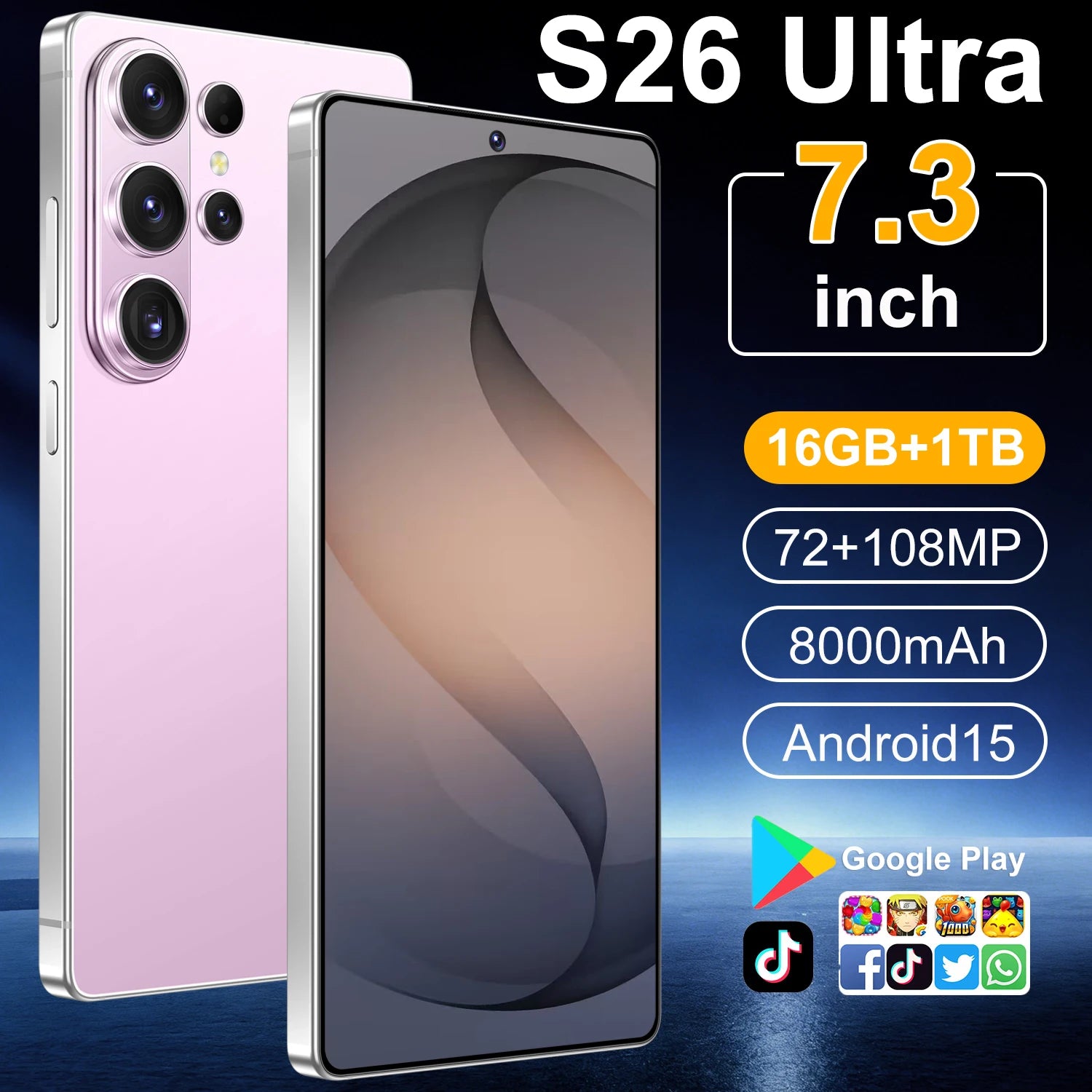Original S26 Ultra 5G smartphone with 7.3 inch HD display, 16GB RAM, 1TB storage, and 108MP camera, silver model view 3