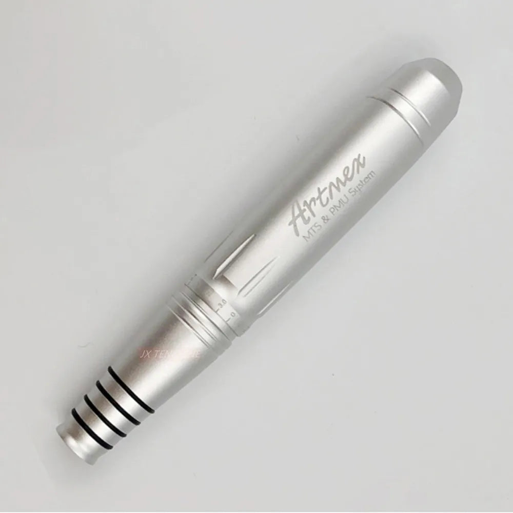 Silver Artmex V8 permanent makeup rotary pen for eyebrows, lips, and MTS skin microneedling treatment.