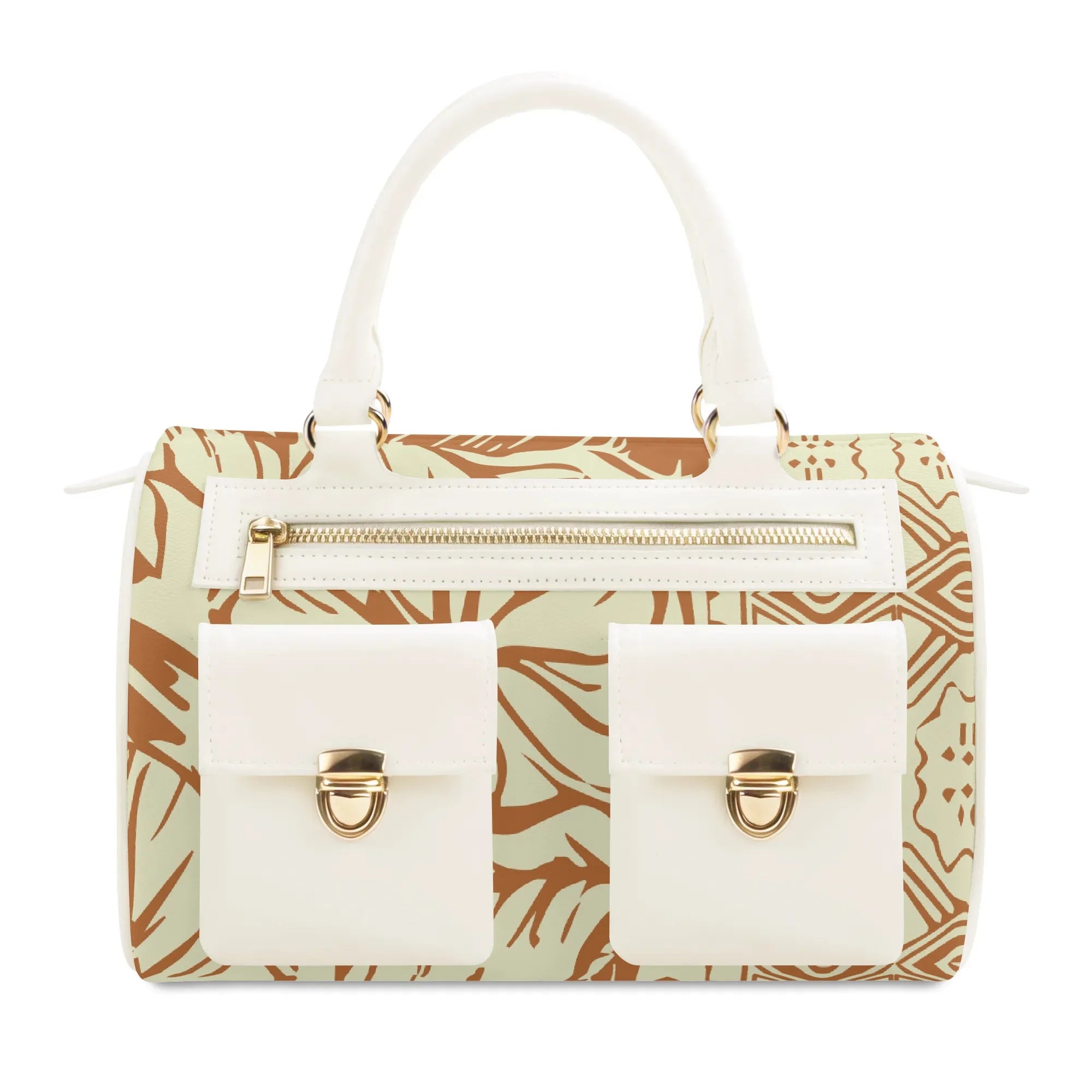 Cream and tan patterned PU leather designer tote bag with front pockets, gold zipper, and top handle.