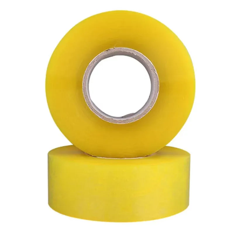 Yellow packing tape roll with clear core, single-sided carton sealing adhesive