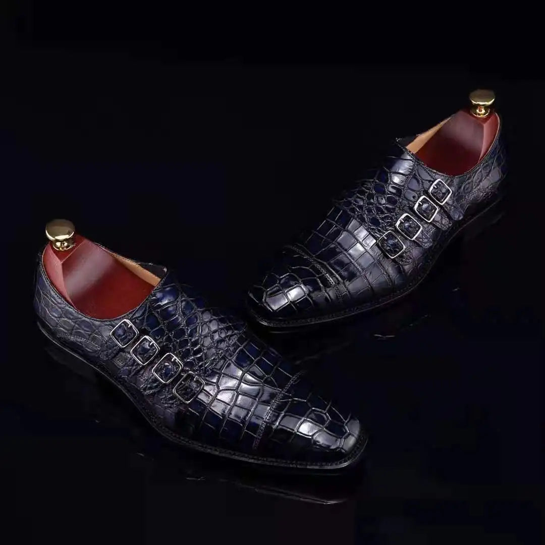 Crocodile Leather Blue Casual Men's Shoes Zapato Goodyear Welt Luxury Loafer Shoes for Men Alligator Monk Strap Office Shoes Men