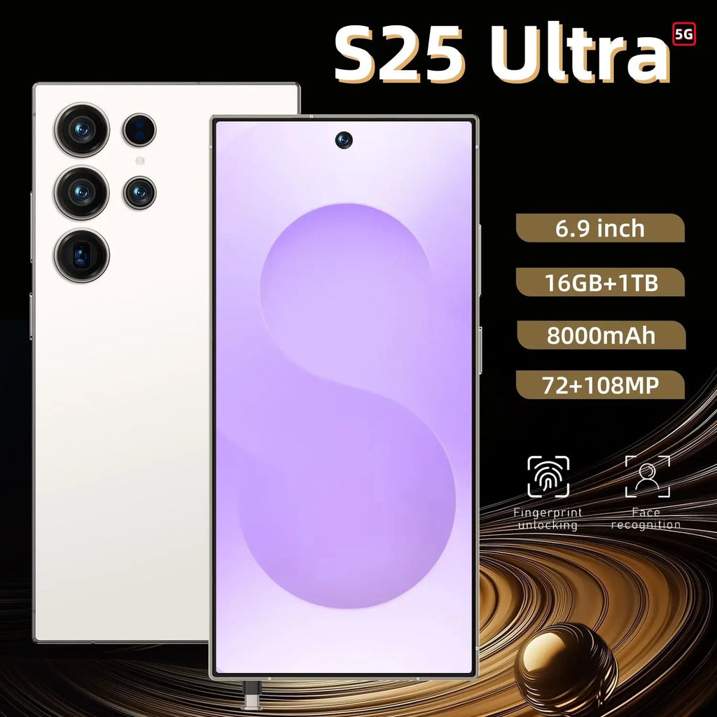 S25 Ultra 5G smartphone with 22GB RAM and 2TB storage, featuring HD screen and dual SIM in sleek design.