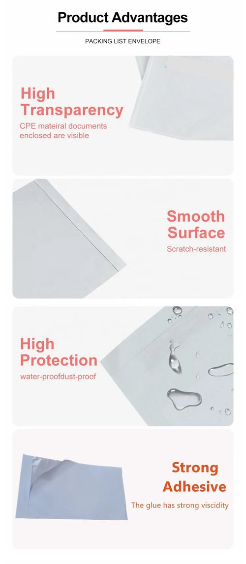 Clear document envelope corner close-up with smooth, scratch-resistant look