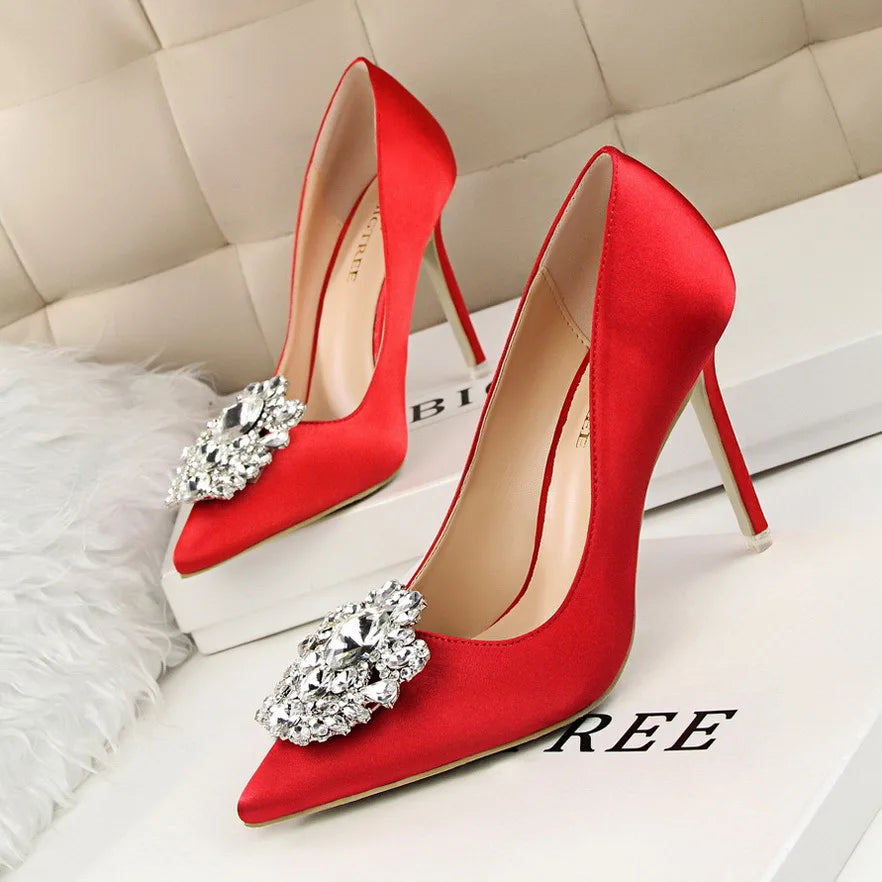 2026 New Water-Crystal Thin Heels Slip-On Solid Women's Sexy High Heel Office Formal Dress Shoes 10cm