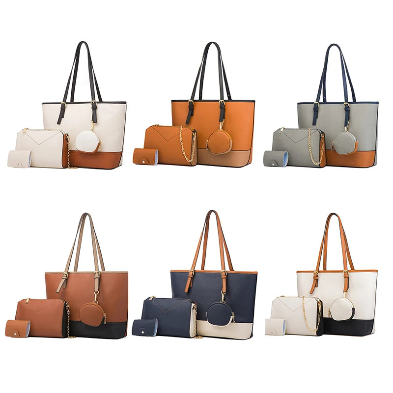 4-piece faux leather handbag set including a tote, crossbody, wallet, and round pouch in various color-blocked styles.