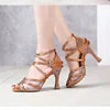 Brown 7.5cm Salsa Latin Dance Shoes Strap Salsa Satin Dance Sandals Tango Cha Cha Ballroom Practices Dancing Heels for Women