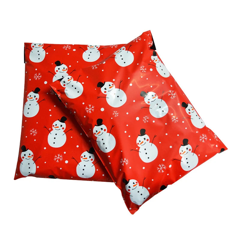 Red waterproof poly mailers with snowman and snowflake print, set of two