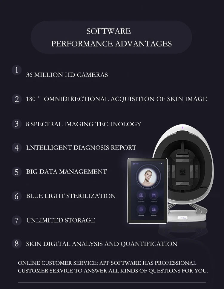 Smart facial skin analysis instrument with 8-spectral imaging, HD camera, and tablet display for anti-aging diagnosis.