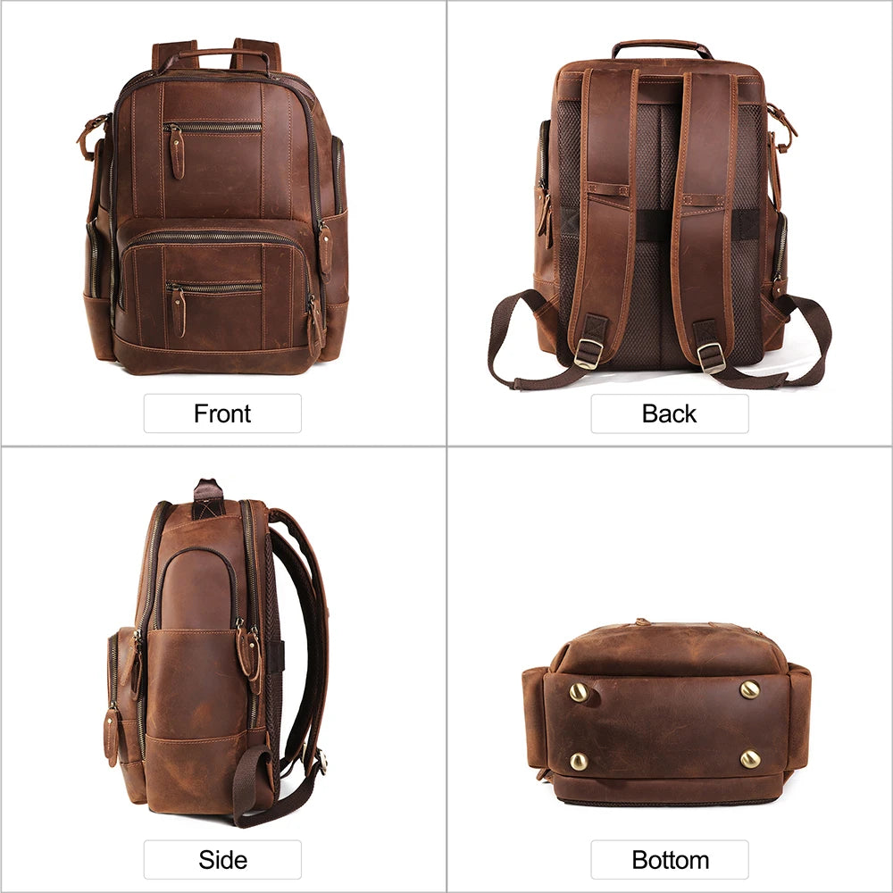 Premium Men's Crazy Horse Leather Backpack Large Capacity Business Casual Style with Fashion Accessory Shoulder Straps