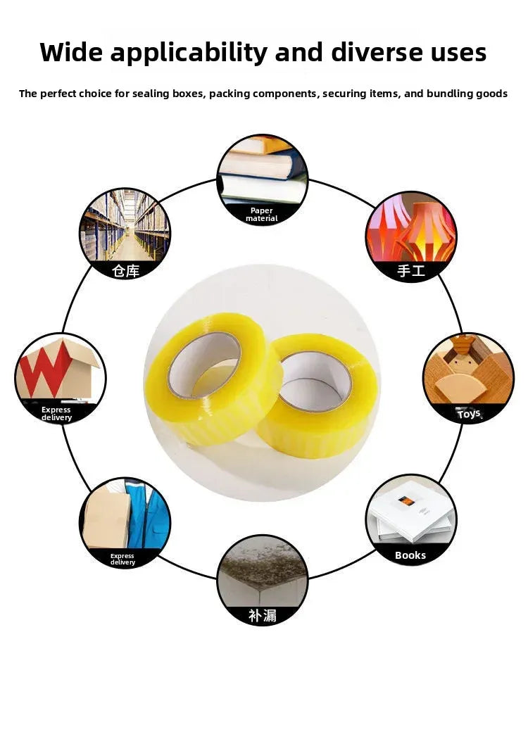 Yellow carton sealing tape rolls, multiple rolls arranged on a round tray