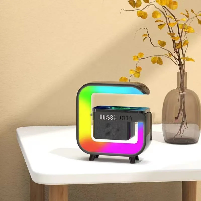 G-Shape 3-in-1 Fast Wireless Charger and Speaker RGB Atmosphere LED Lamp with Clock Multifunctional RGB Wireless Speaker Tidesmit