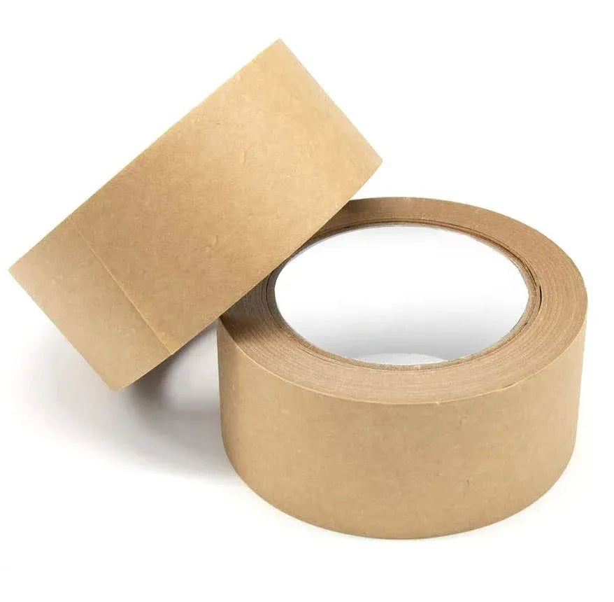 Brown kraft paper packing tape roll with flat backing card, clear adhesive core visible