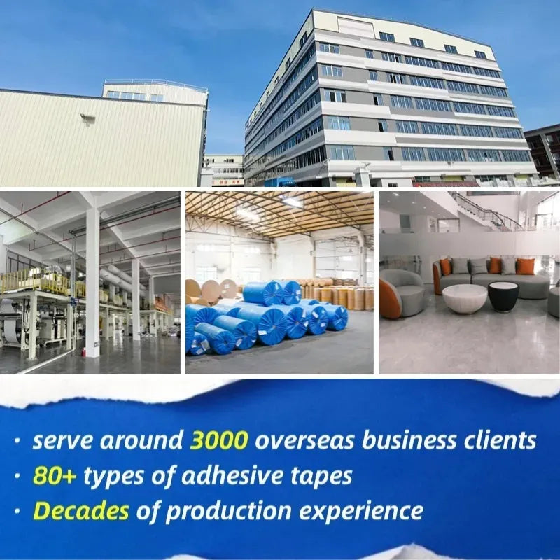 Promotional panel with warehouse images and text about adhesive tape