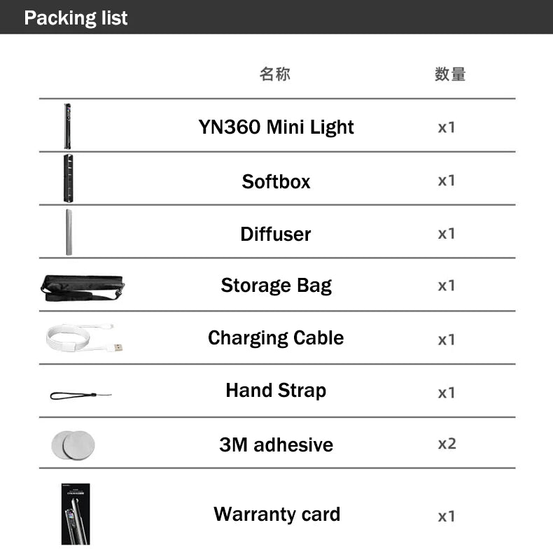 Packing list table showing a mini light, softbox, diffuser, storage bag, cables, strap, adhesives, and warranty card.