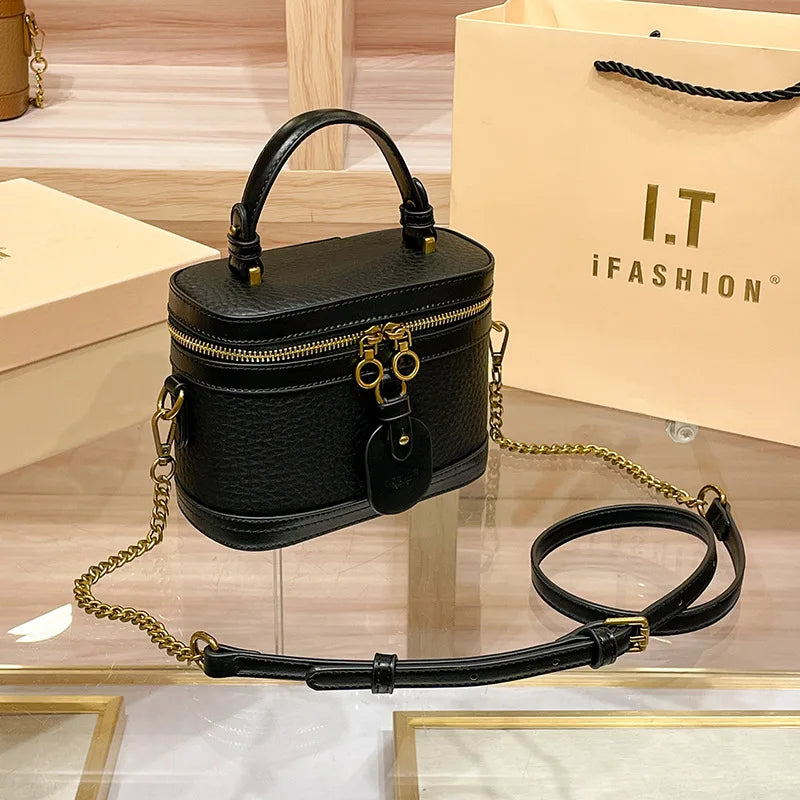 Black caviar cowhide leather vanity trunk bag with top handle, gold hardware, and detachable chain shoulder strap.